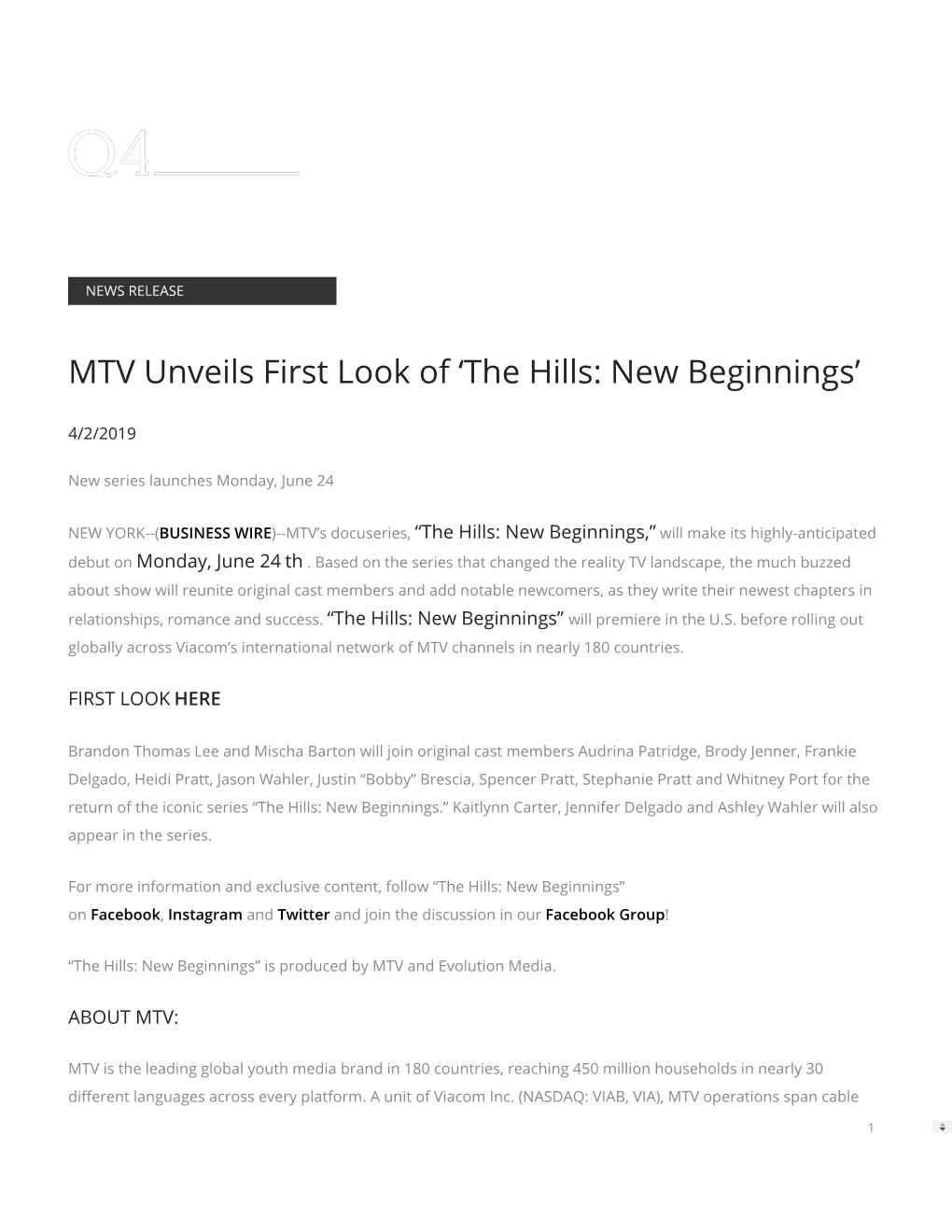 MTV Unveils First Look of 'The Hills: New Beginnings'