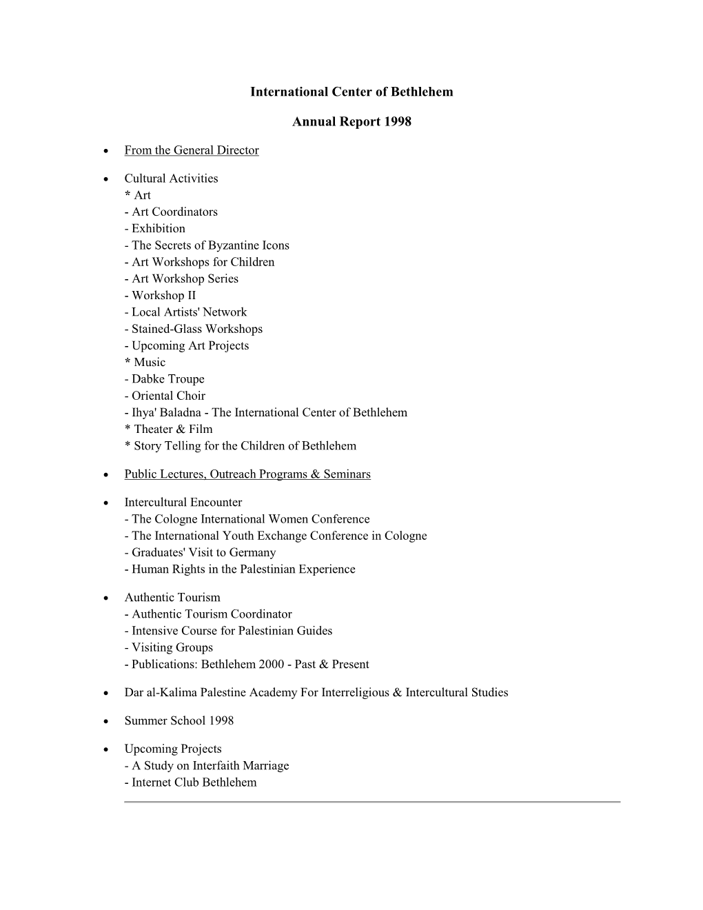 International Center of Bethlehem Annual Report 1998