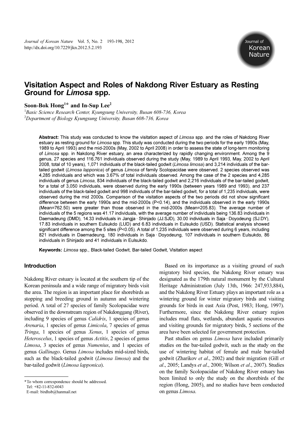 Visitation Aspect and Roles of Nakdong River Estuary As Resting Ground for Limosa Spp