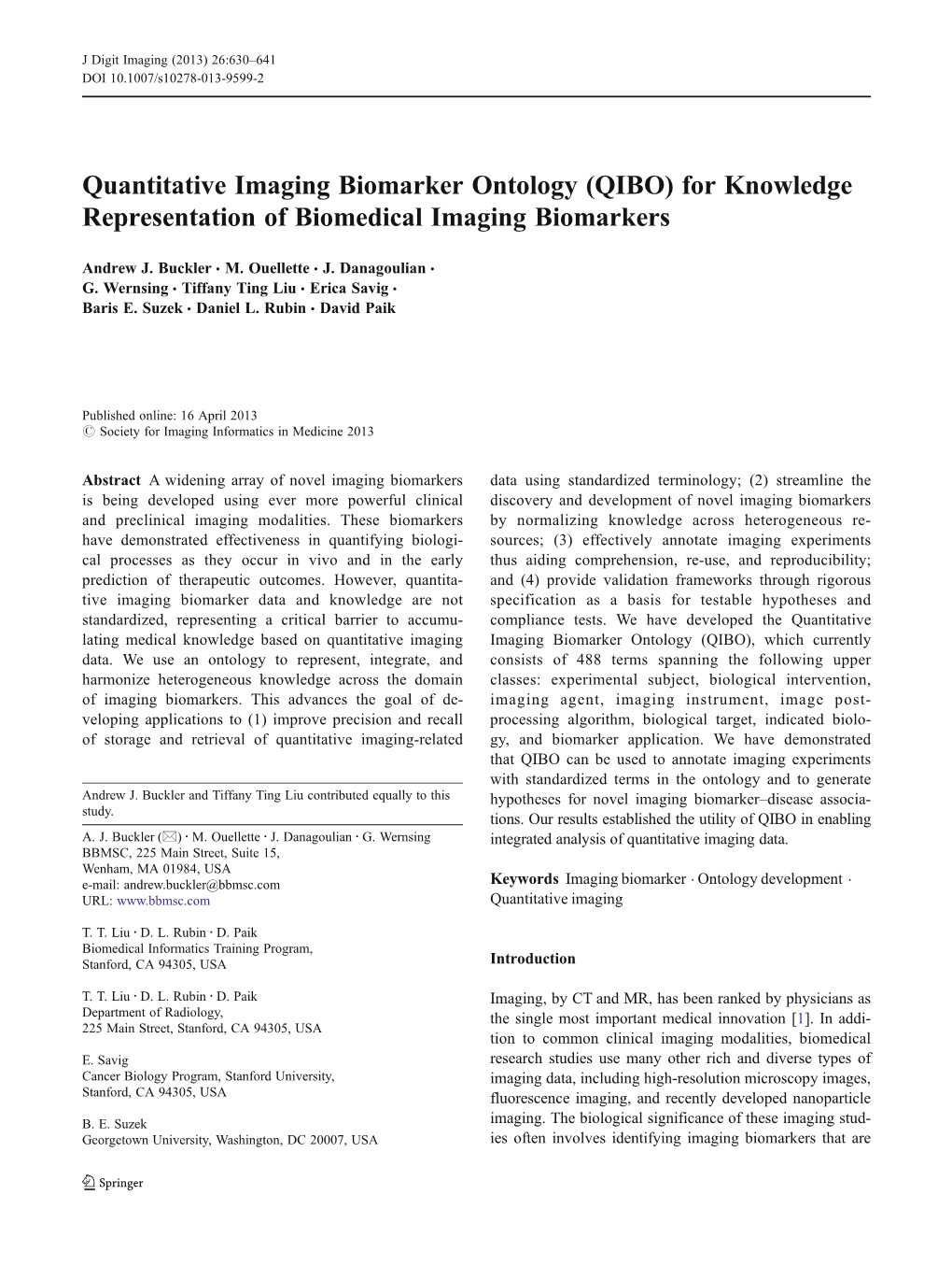 Quantitative Imaging Biomarker Ontology (QIBO) for Knowledge Representation of Biomedical Imaging Biomarkers