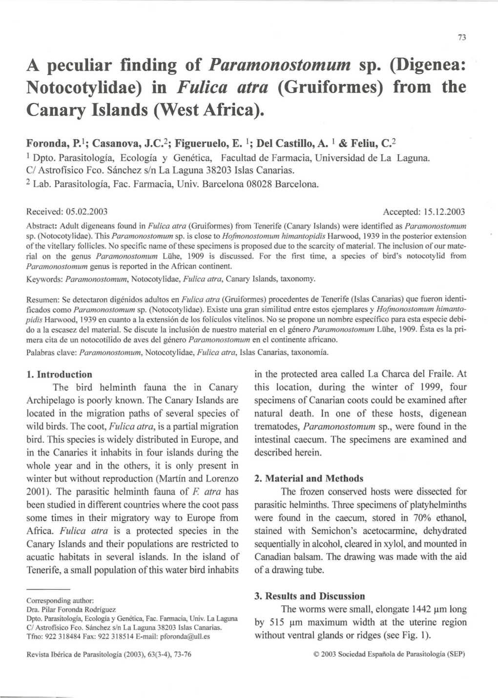 Digenea: Notocotylidae) in Fu/Iea Atra (Gruiformes) from the Canary Islands (West Africa)