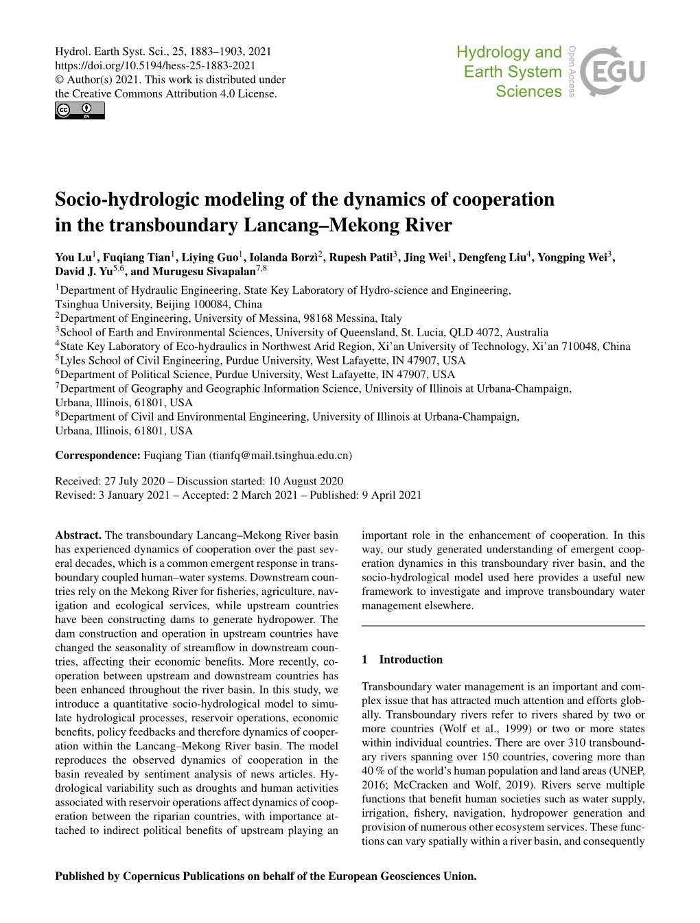 Socio-Hydrologic Modeling of the Dynamics of Cooperation in the Transboundary Lancang–Mekong River