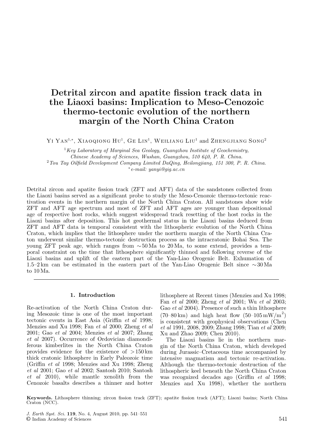 Detrital Zircon and Apatite Fission Track Data in the Liaoxi Basins