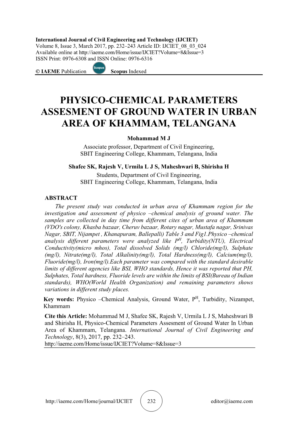 Physico-Chemical Parameters Assesment of Ground Water in Urban Area of Khammam, Telangana