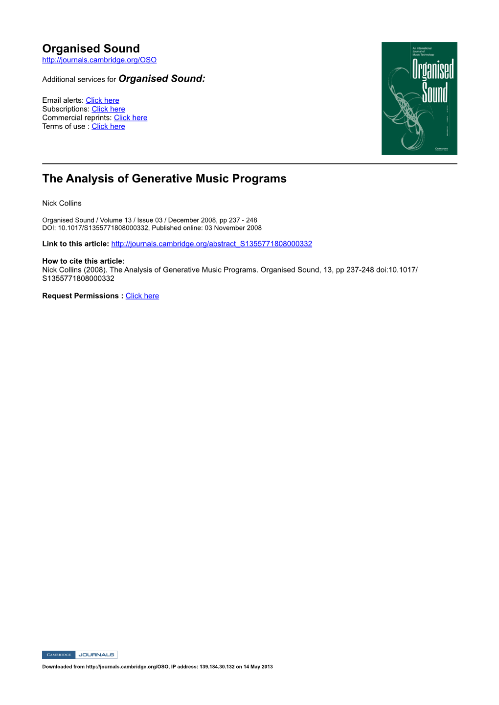 Organised Sound the Analysis of Generative Music Programs