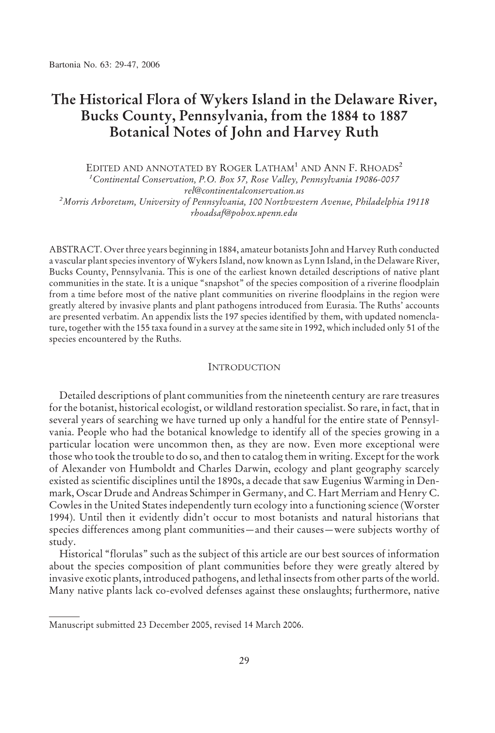 The Historical Flora of Wykers Island in the Delaware River, Bucks County, Pennsylvania, from the 1884 to 1887 Botanical Notes of John and Harvey Ruth