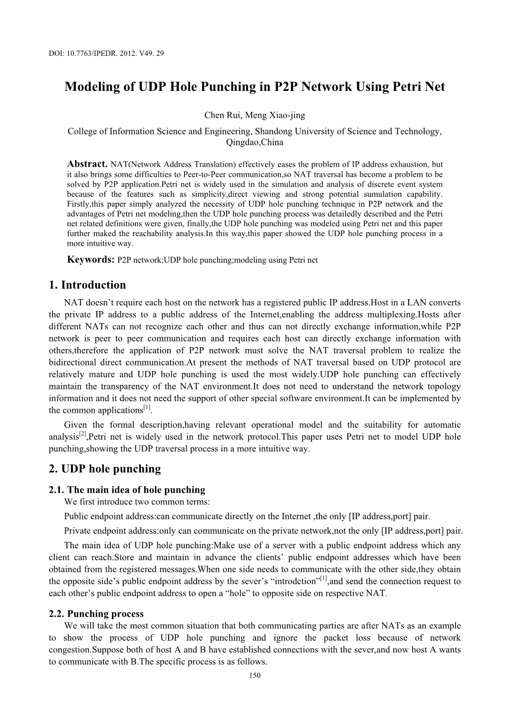 Modeling of UDP Hole Punching in P2P Network Using Petri Net