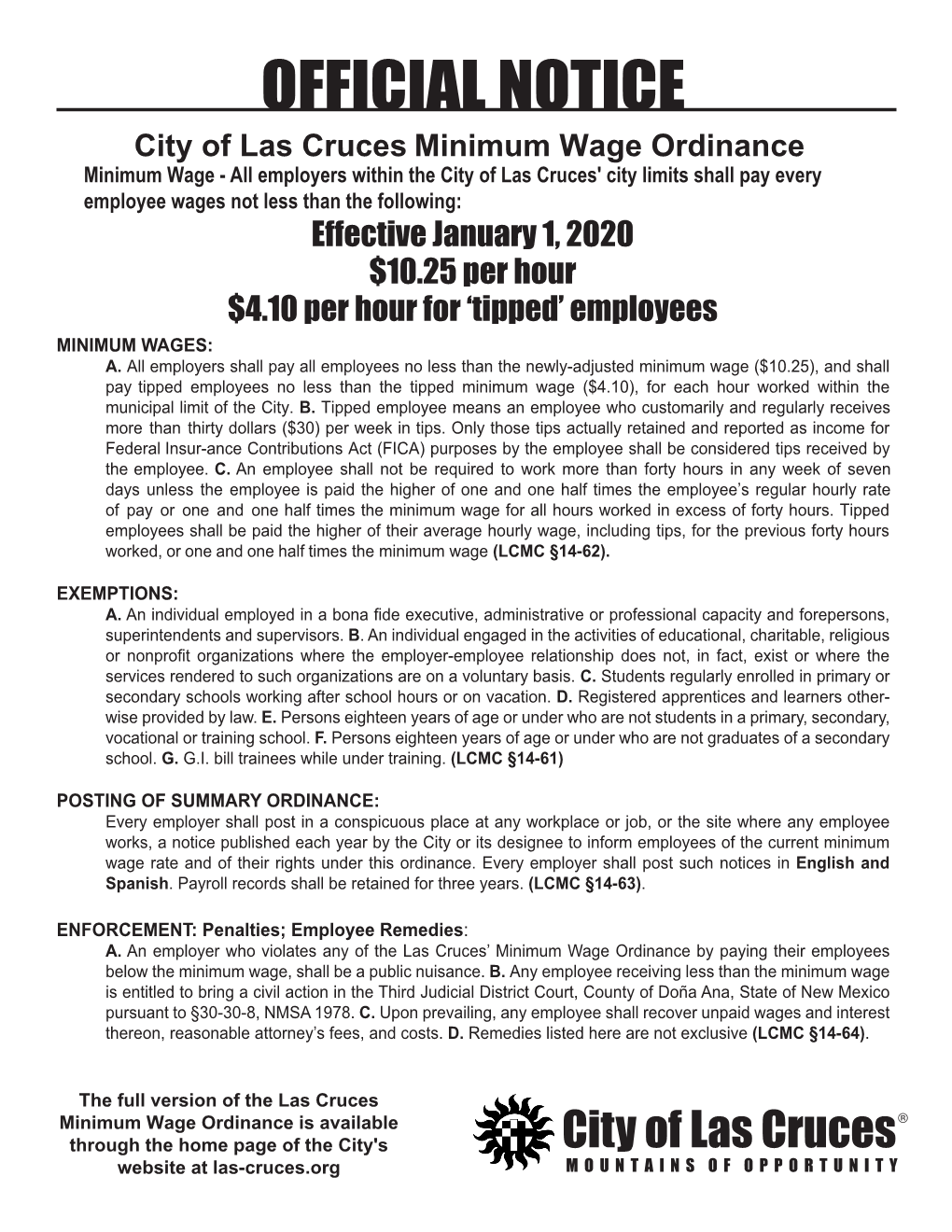 Official Notice of the City of Las Cruces Minimum Wage Ordinance