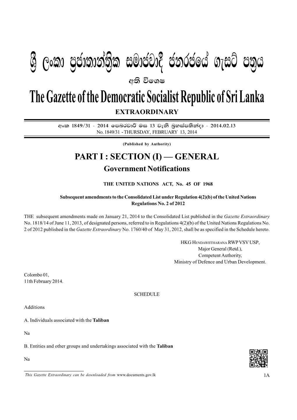 Y%S ,Xld M%Cd;Dka;%Sl Iudcjd§ Ckrcfha .Eiü M;%H W;S Úfyi the Gazette of the Democratic Socialist Republic of Sri Lanka EXTRAORDINARY