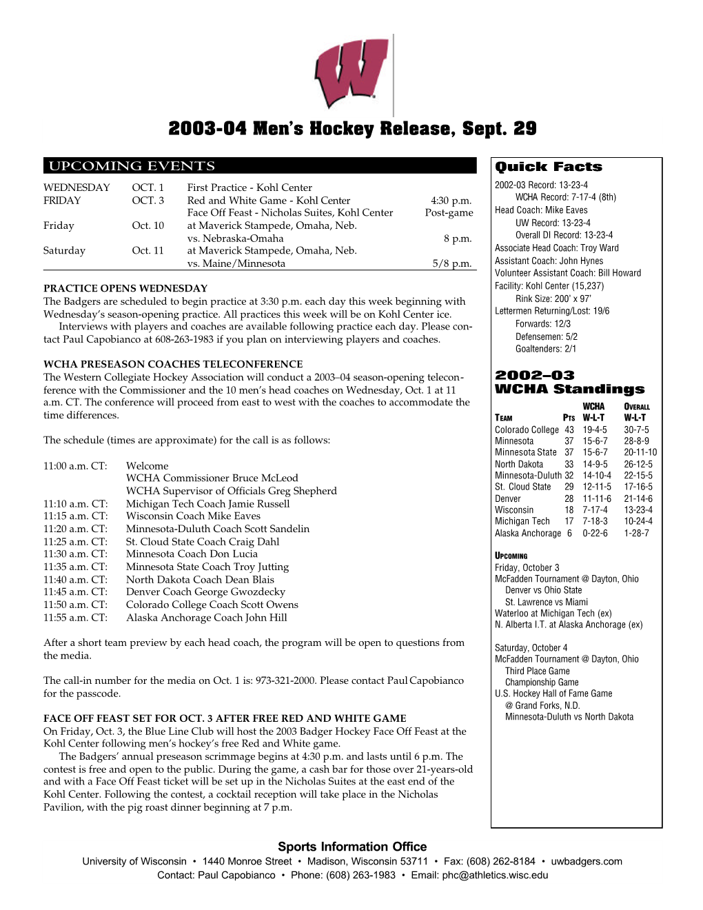 2003-04 Men's Hockey Release, Sept. 29
