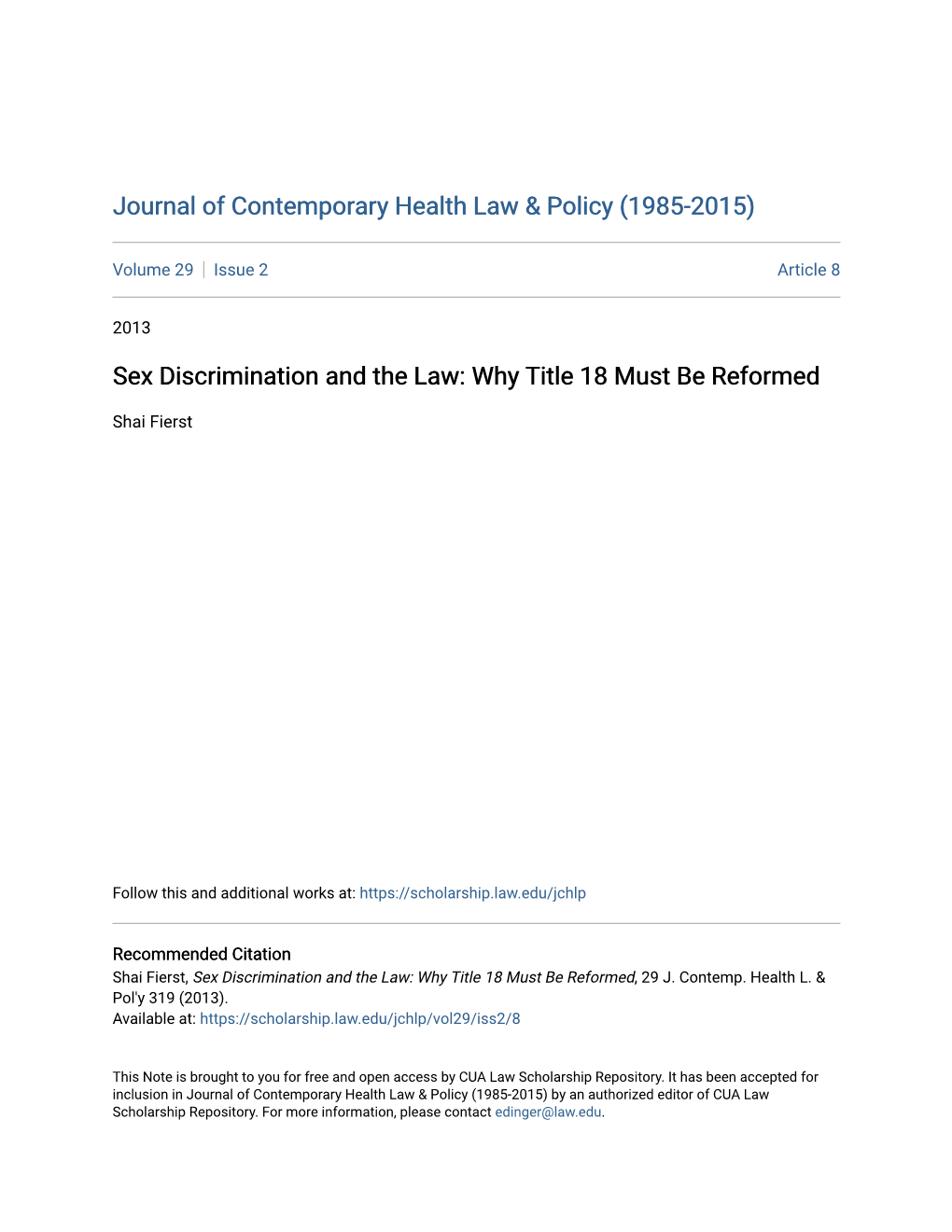 Sex Discrimination and the Law: Why Title 18 Must Be Reformed