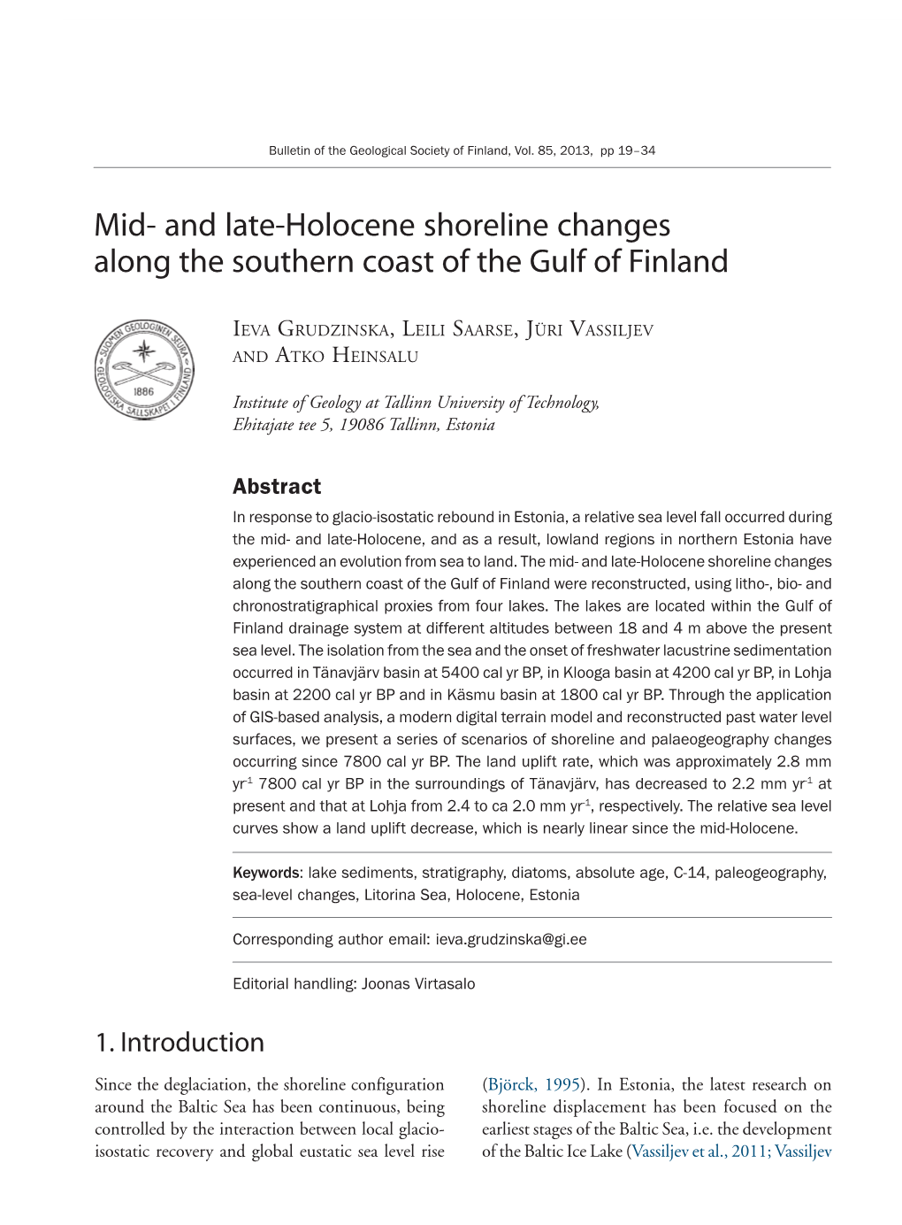 And Late-Holocene Shoreline Changes Along the Southern Coast of the Gulf of Finland