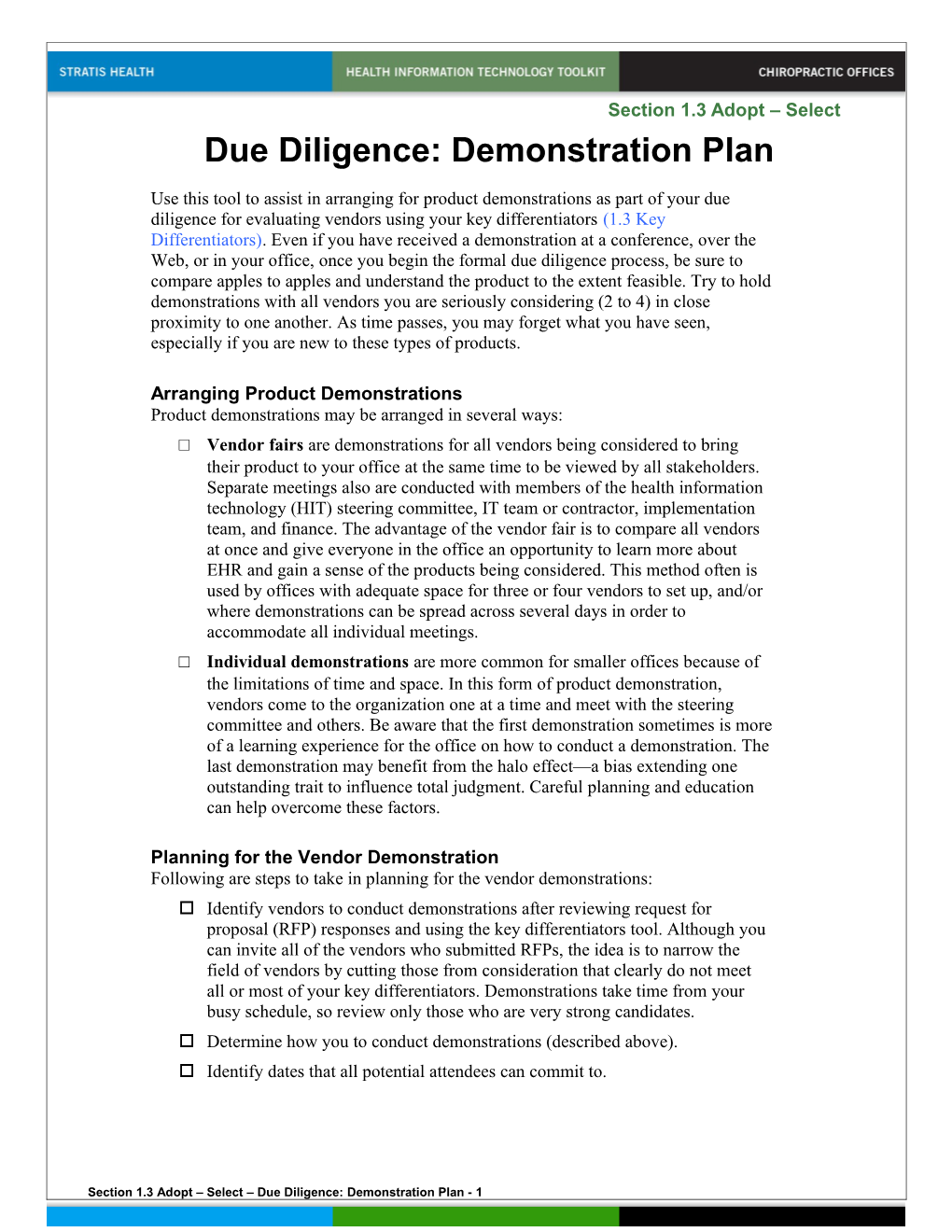 1.3 Due Diligence Demonstration Plan