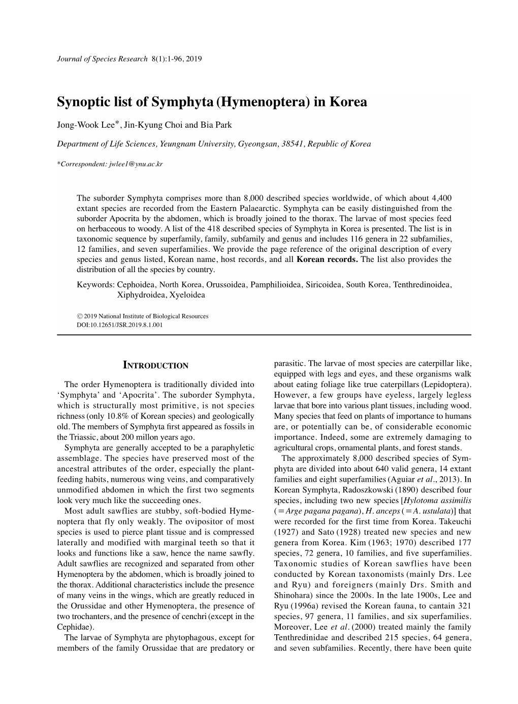 Synoptic List of Symphyta(Hymenoptera) in Korea