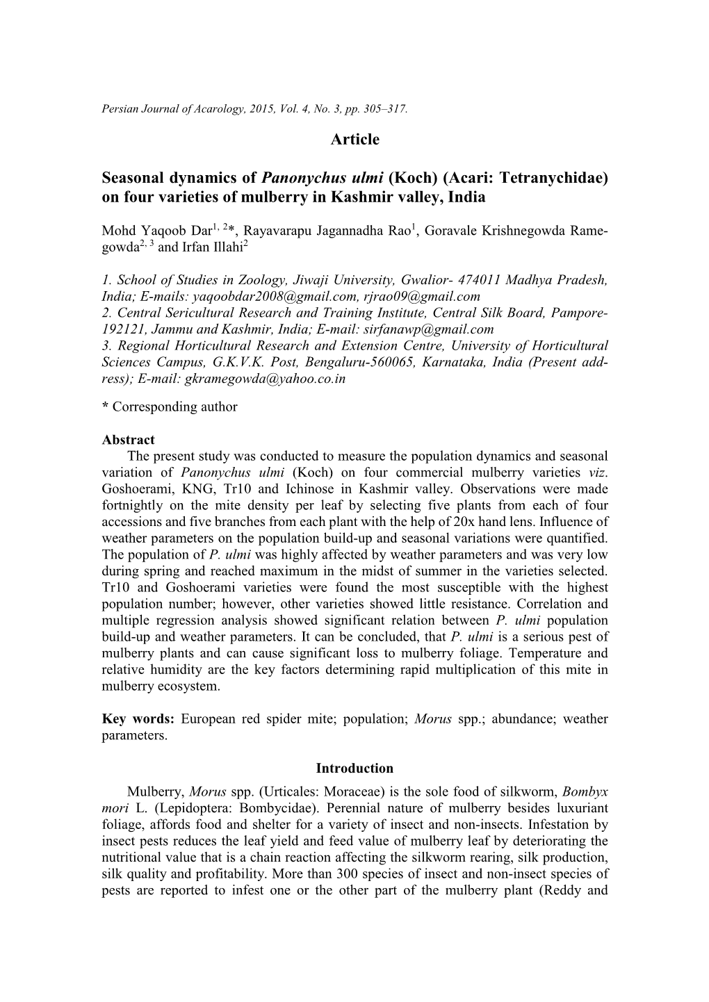 Article Seasonal Dynamics of Panonychus Ulmi (Koch