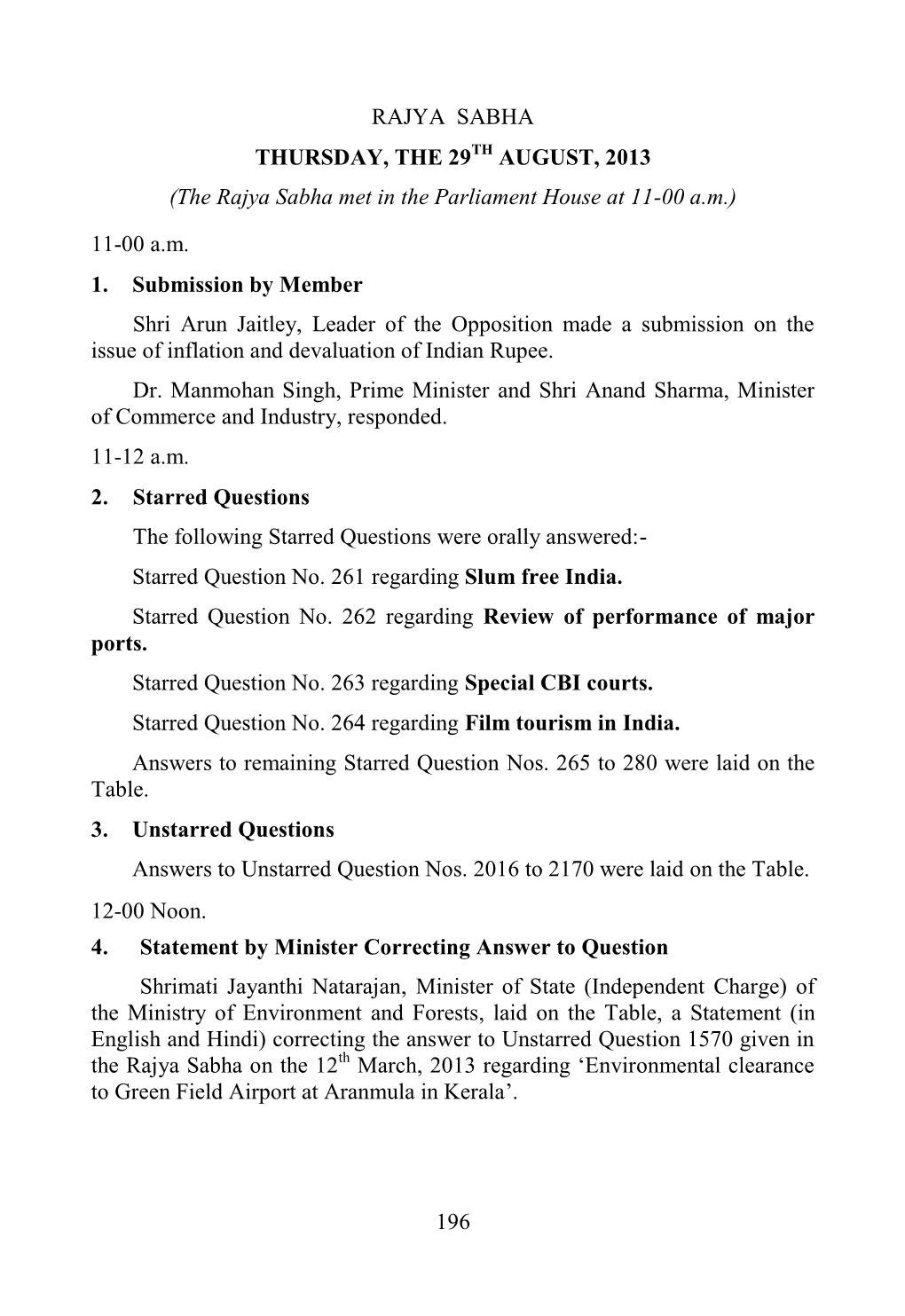 196 RAJYA SABHA THURSDAY, the 29TH AUGUST, 2013 (The Rajya