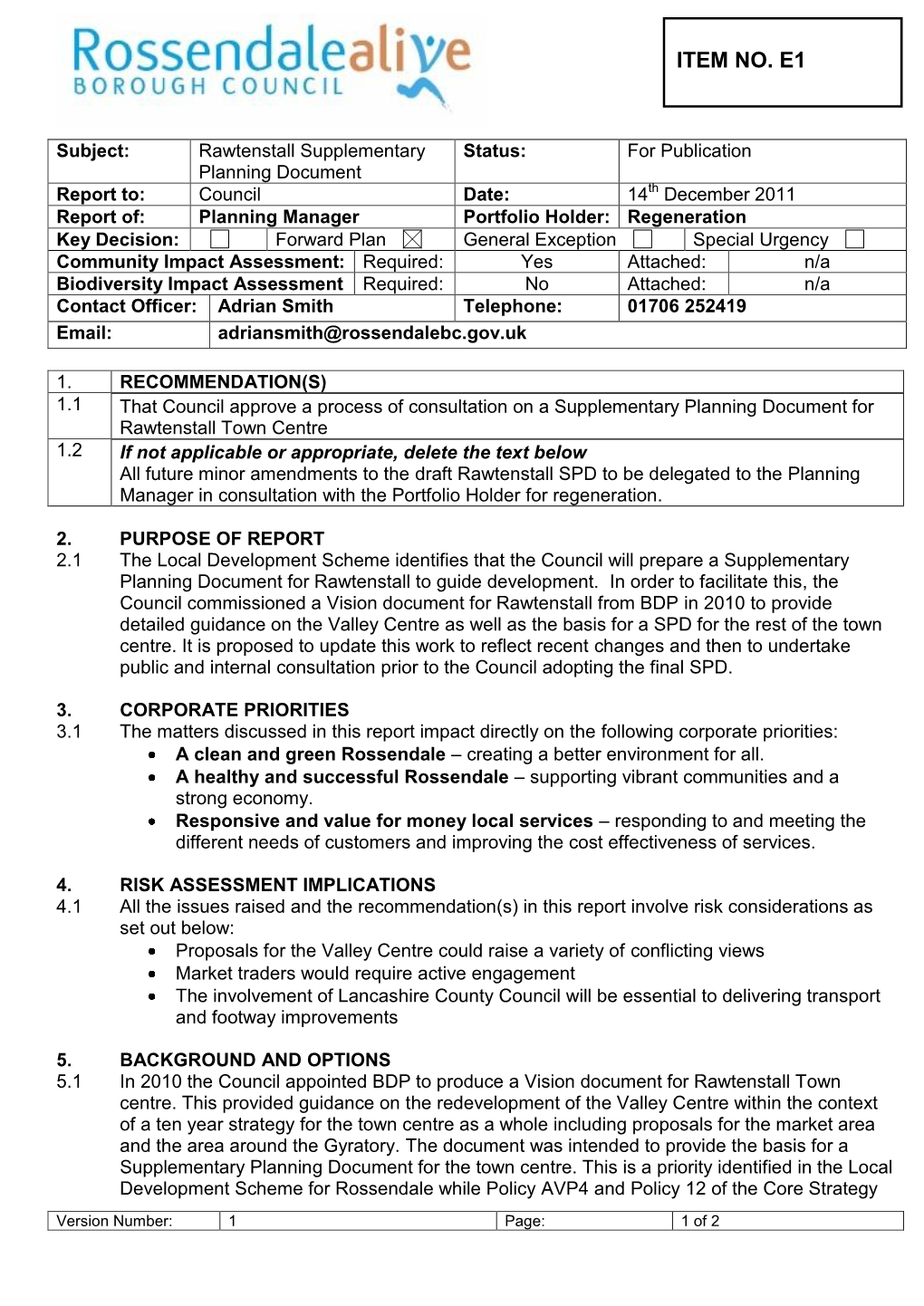 E1. Rawtenstall Supplementary Planning Document