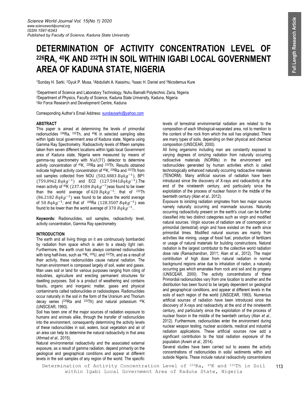 Determination of Activity Concentration Level of 226Ra, 40K and 232Th in Soil Within Igabi Local Government