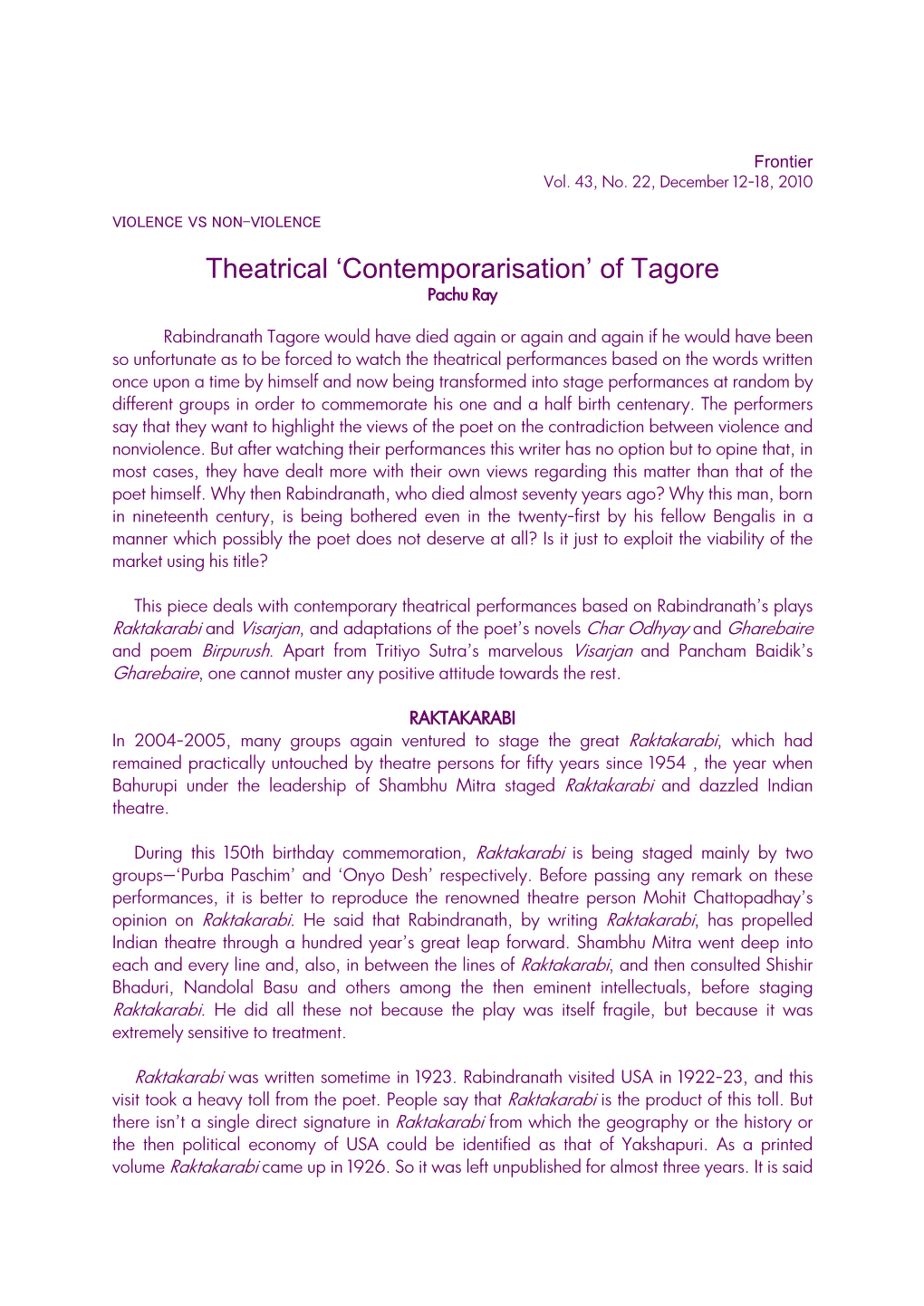 Theatrical 'Contemporarisation' of Tagore