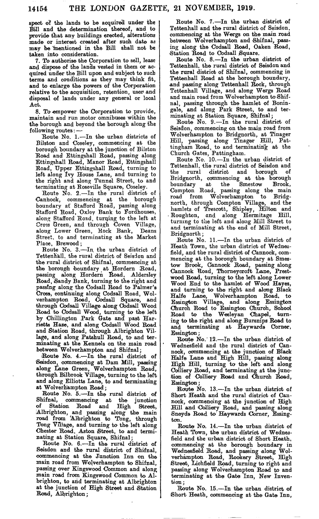 THE LONDON GAZETTE, 21 NOVEMBER, 1919. Spect O'f the Lands to Be Acquired Under the Route No