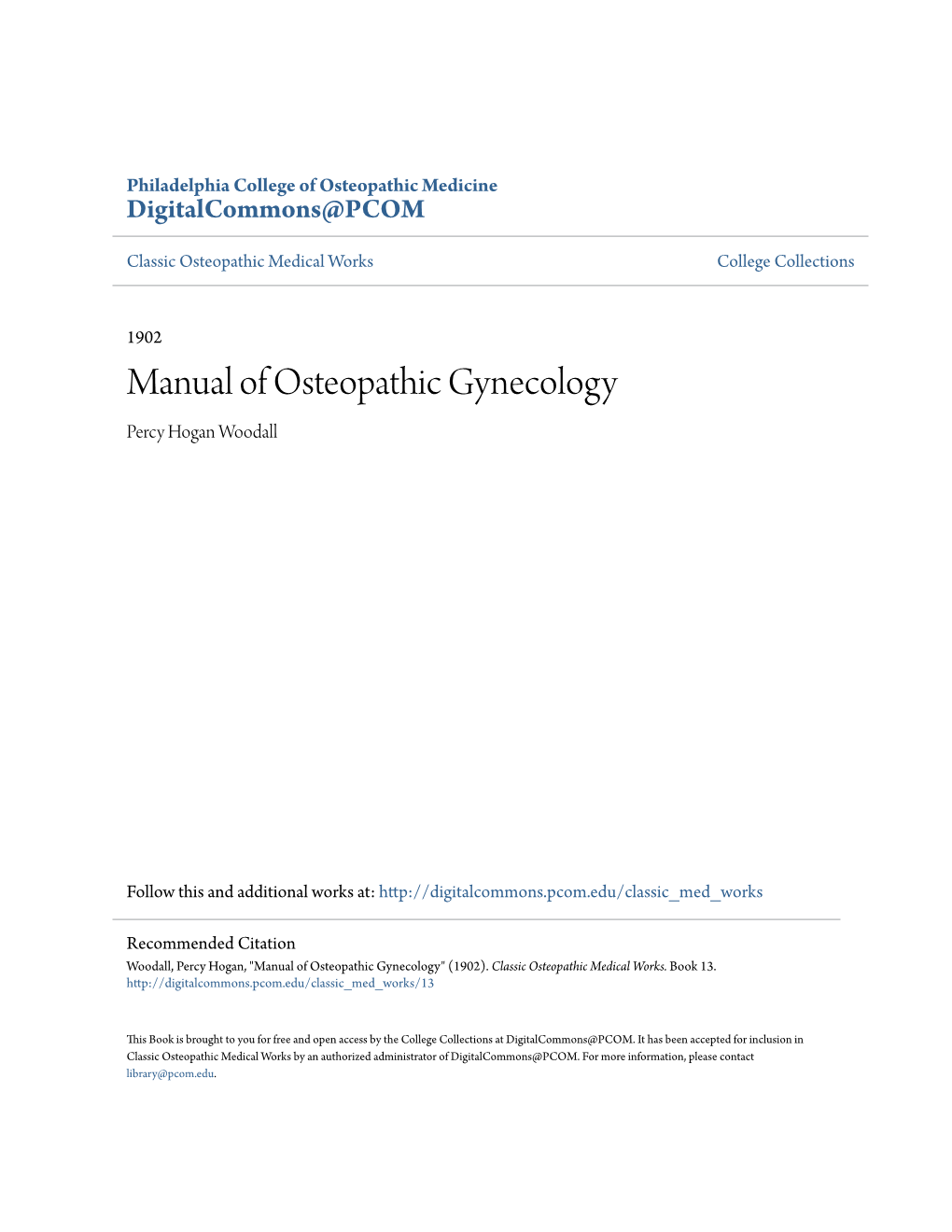 Manual of Osteopathic Gynecology Percy Hogan Woodall