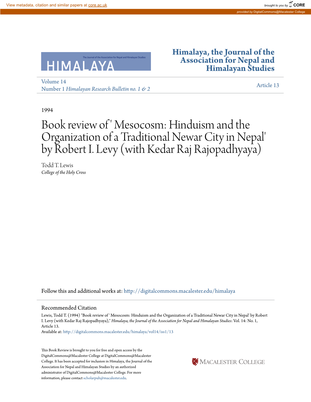 Book Review of ' Mesocosm: Hinduism and the Organization of a Traditional Newar City in Nepal' by Robert I. Levy (With Kedar Raj Rajopadhyaya) Todd T