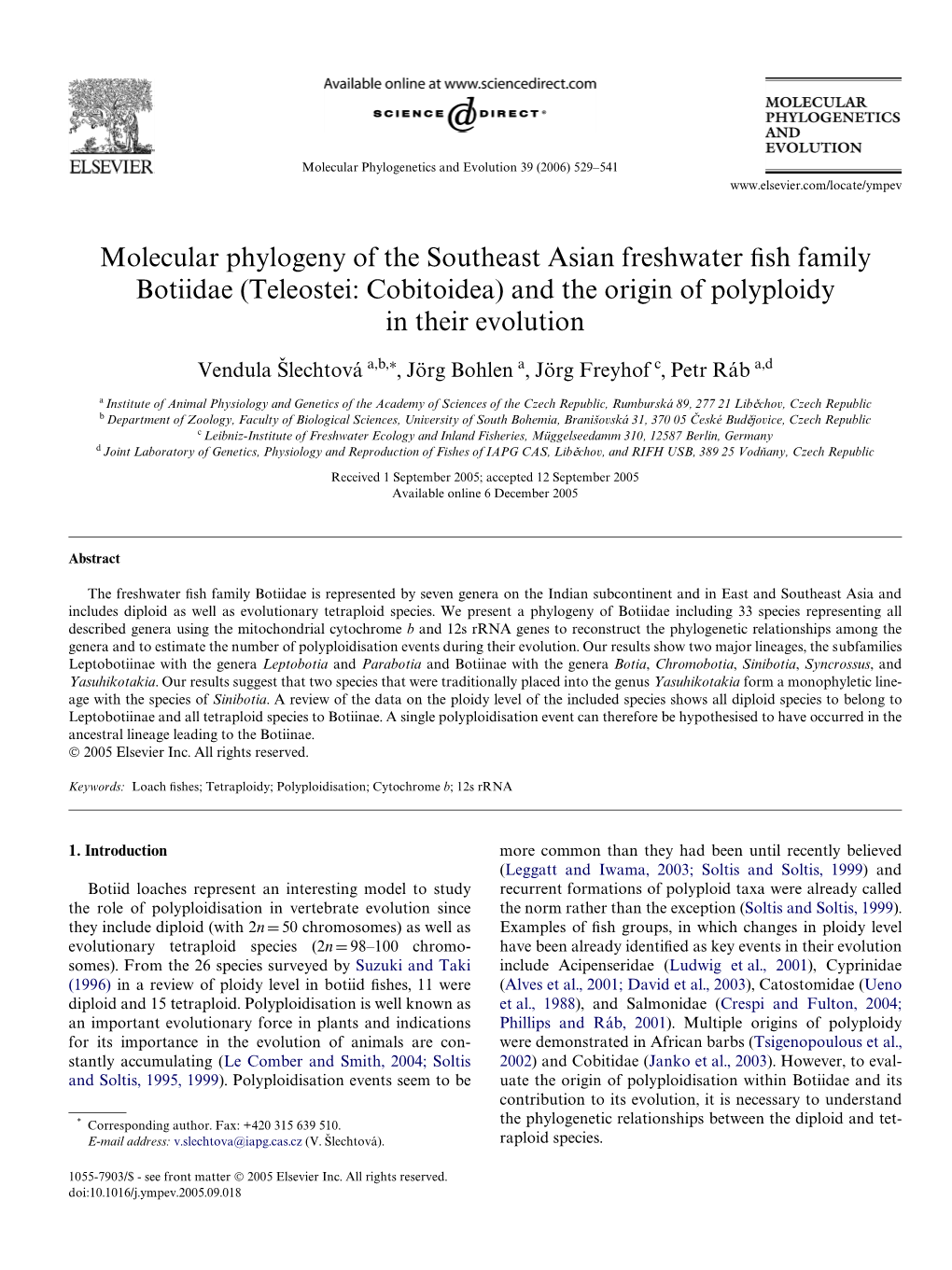 Molecular Phylogeny of the Southeast Asian Freshwater Fish Family Botiidae