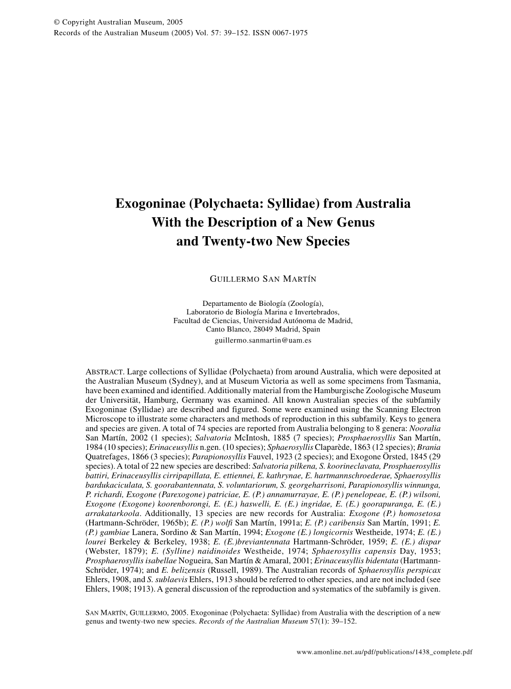 Polychaeta: Syllidae) from Australia with the Description of a New Genus and Twenty-Two New Species