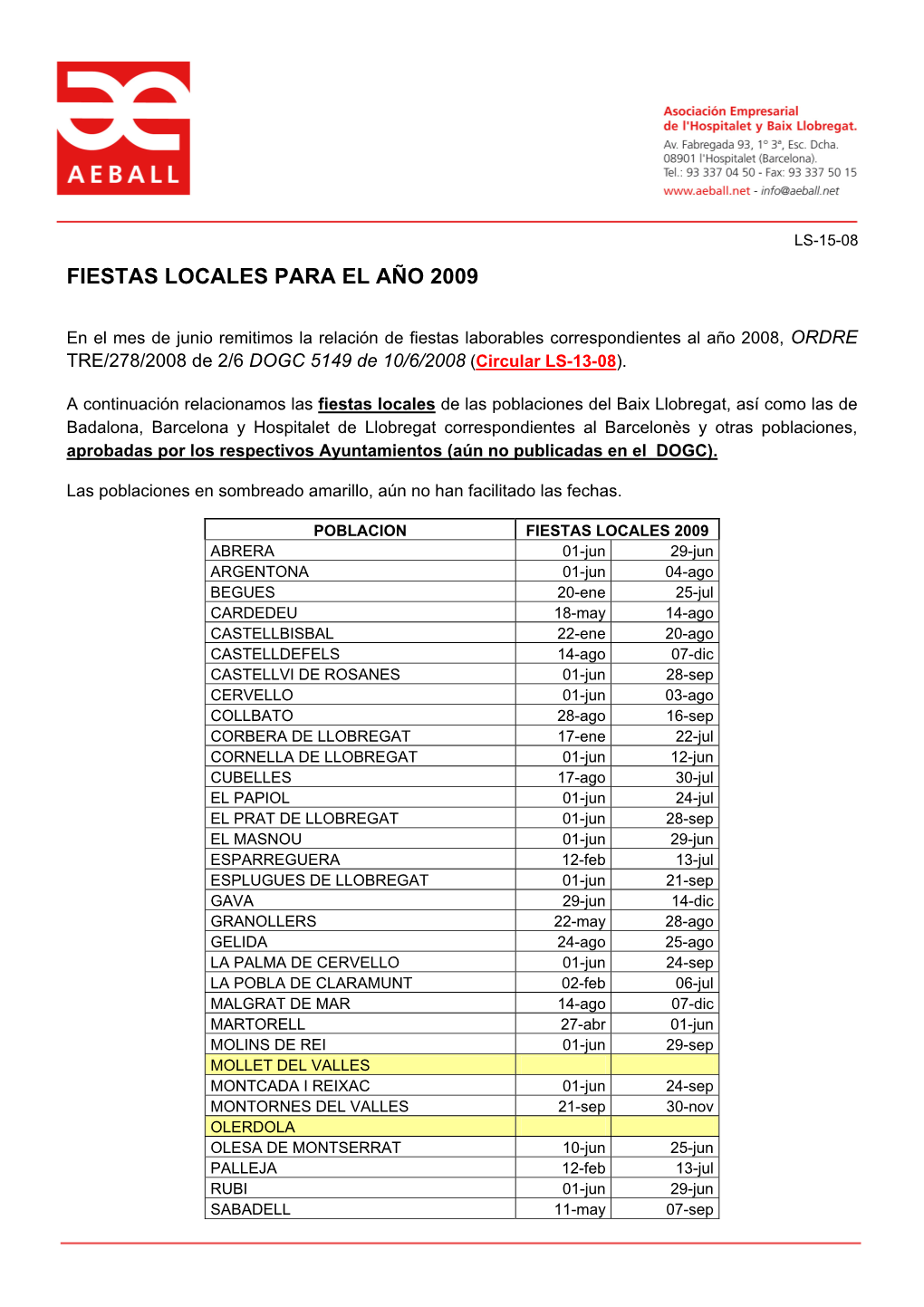 Fiestas Locales Para El Año 2009