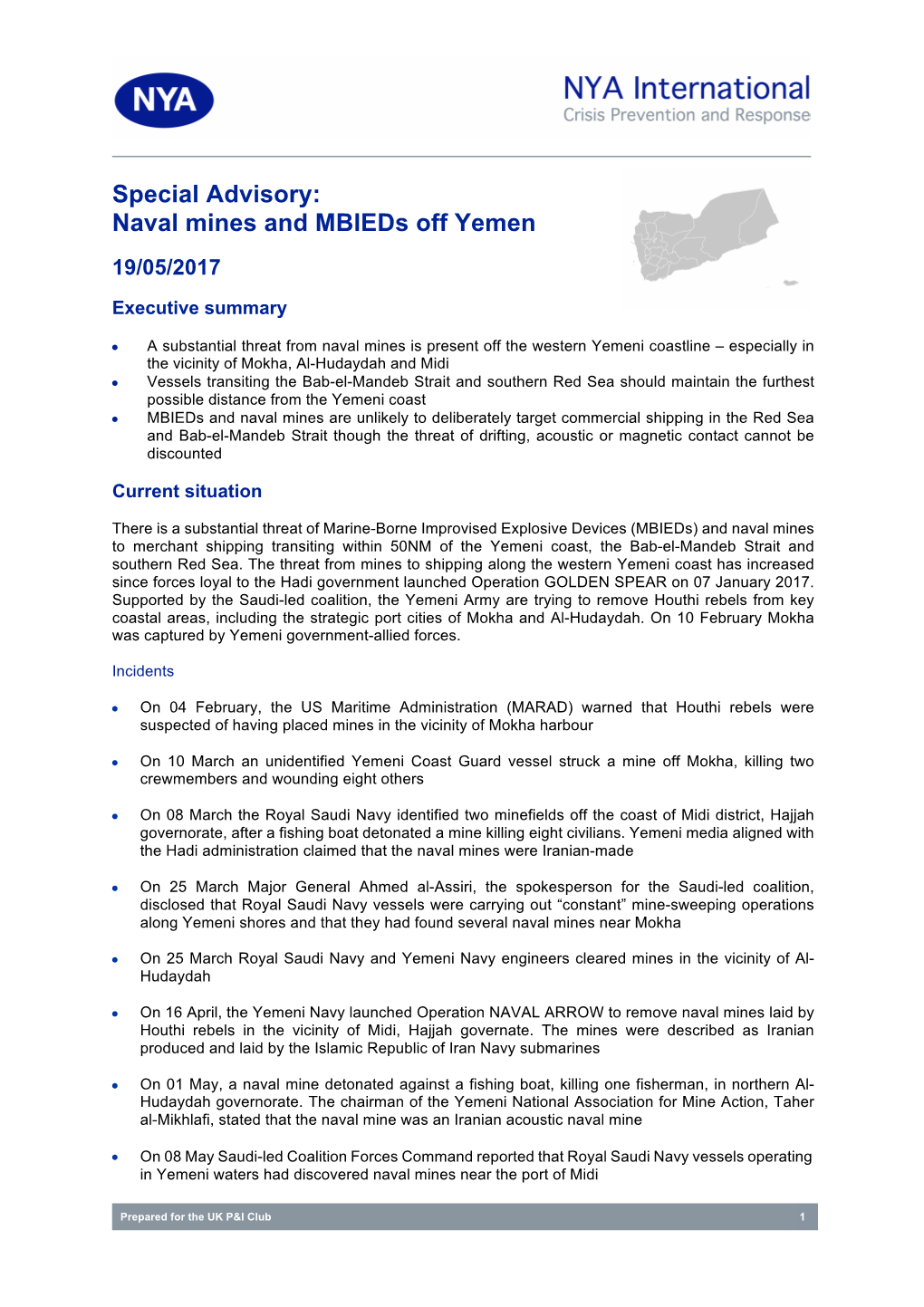 Special Advisory: Naval Mines and Mbieds Off Yemen