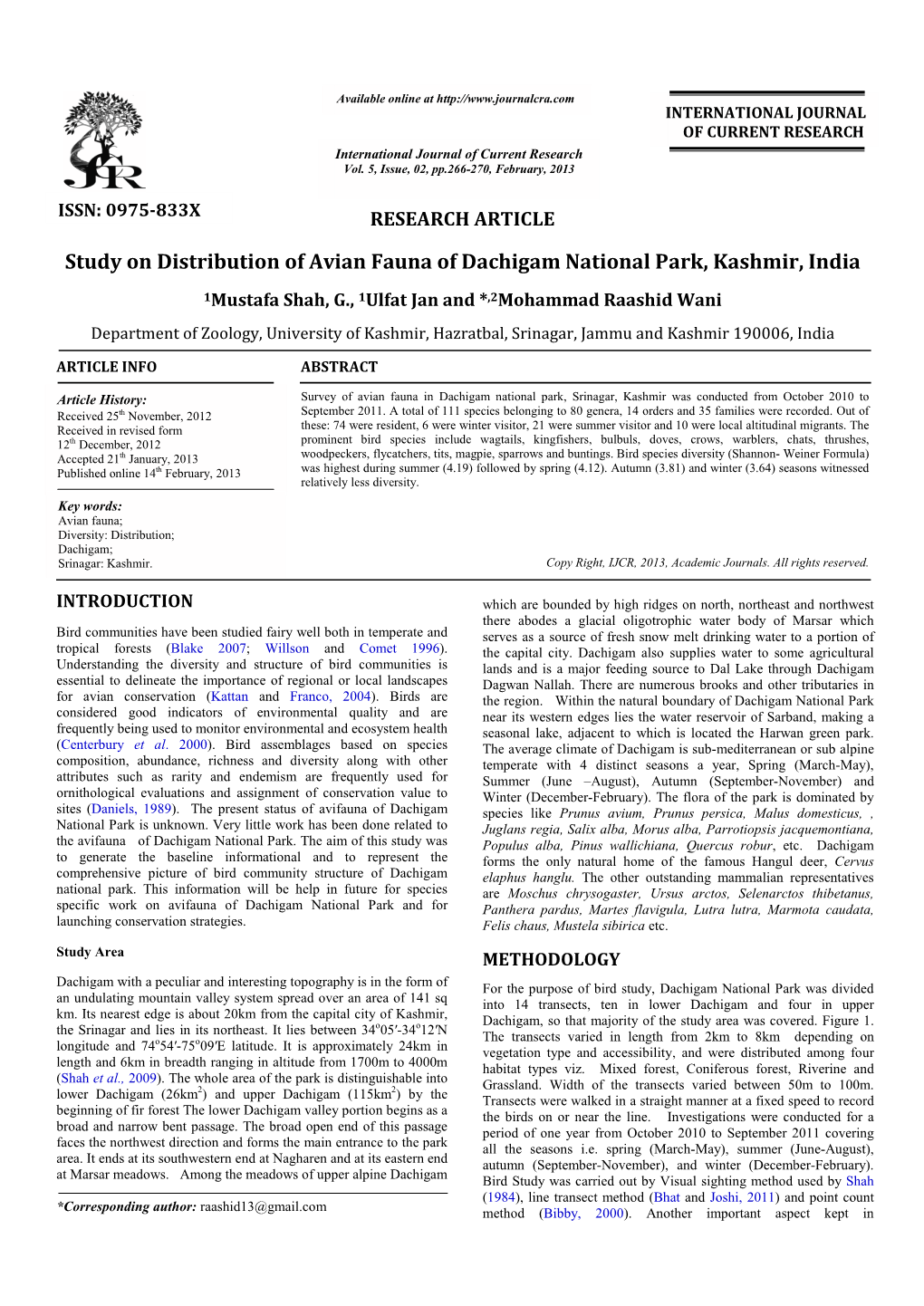 Study on Distribution of Avian Fauna Avian Fauna of Dachigam National