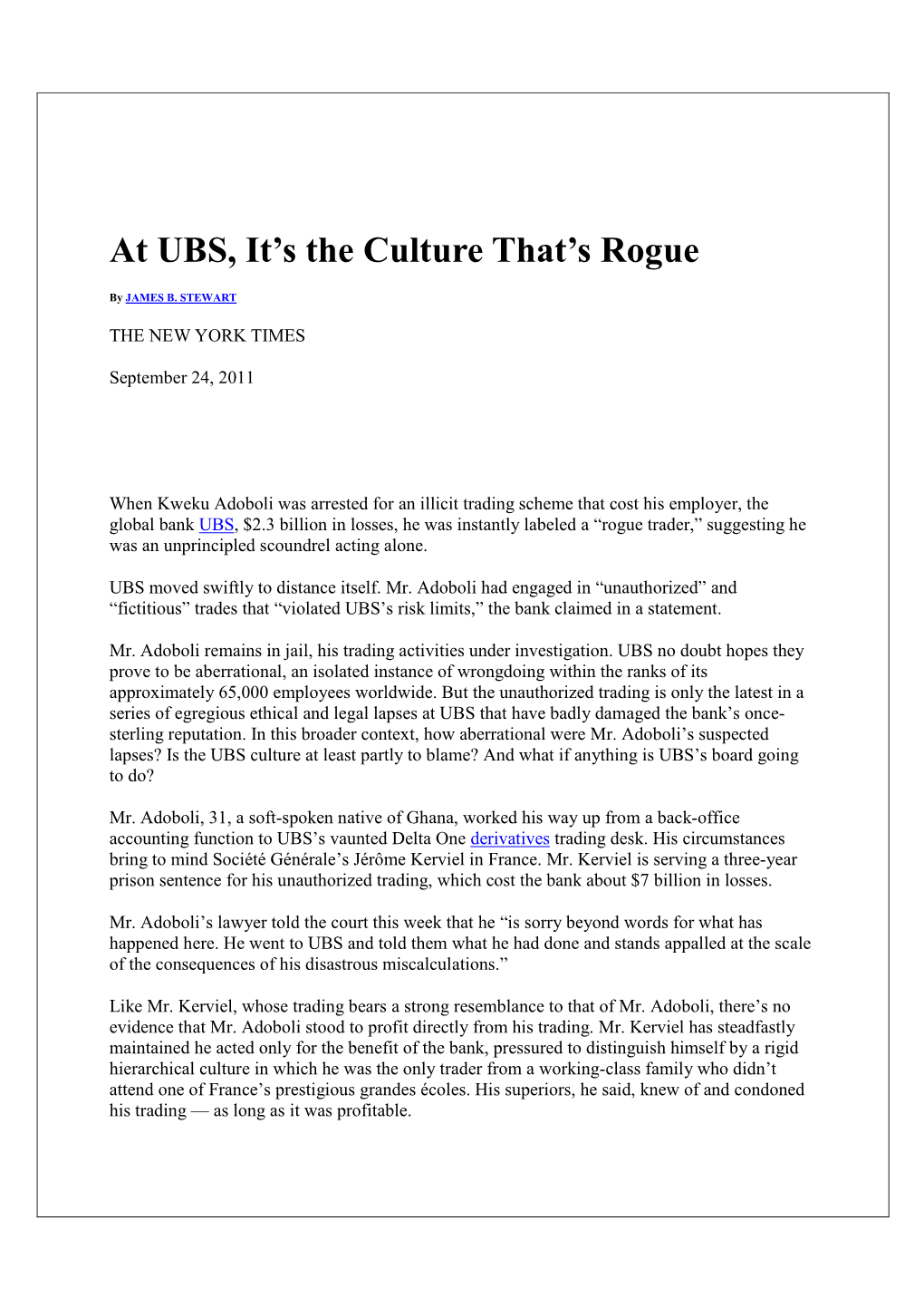 At UBS, It's the Culture That's Rogue