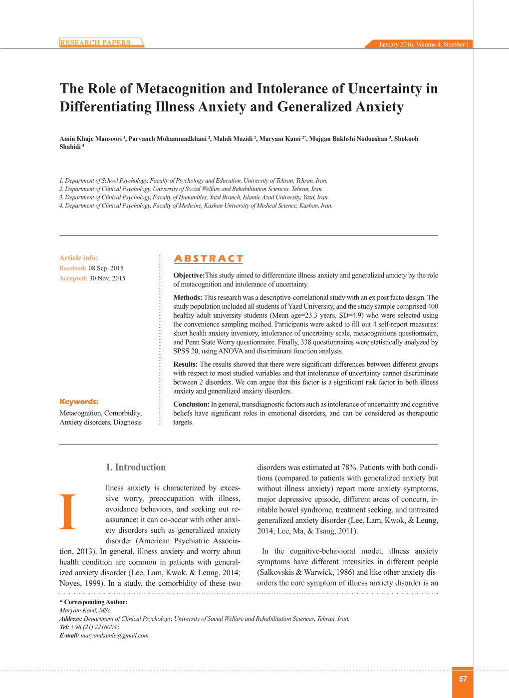 The Role of Metacognition and Intolerance of Uncertainty in Differentiating Illness Anxiety and Generalized Anxiety