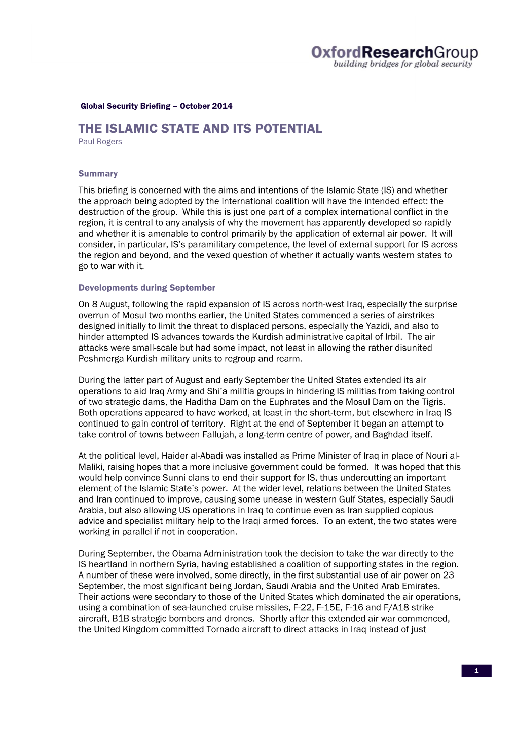 THE ISLAMIC STATE and ITS POTENTIAL Paul Rogers