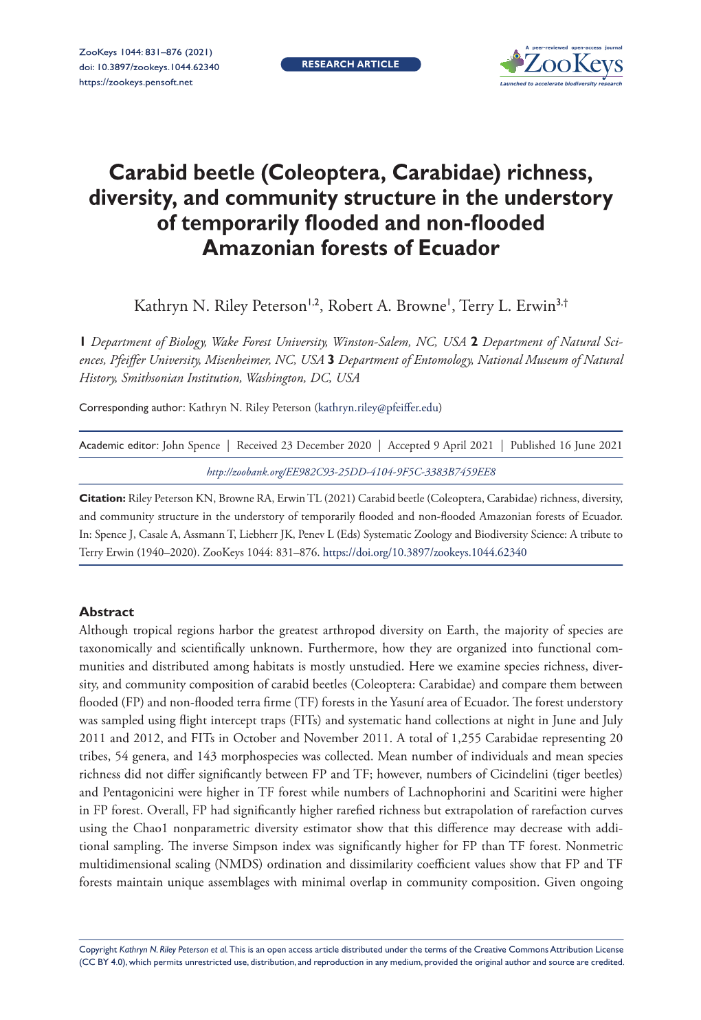 ﻿Carabid Beetle (Coleoptera, Carabidae) Richness, Diversity, And