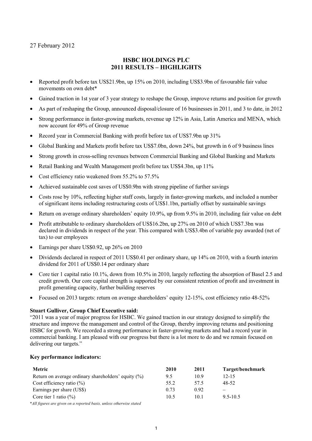 HSBC Holdings Plc Annual Results 2011 Media Release