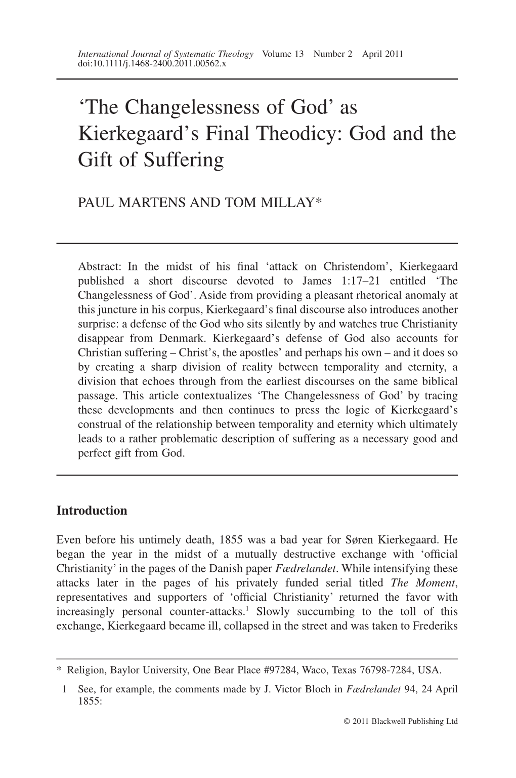 The Changelessness of God As Kierkegaard's Final Theodicy: God