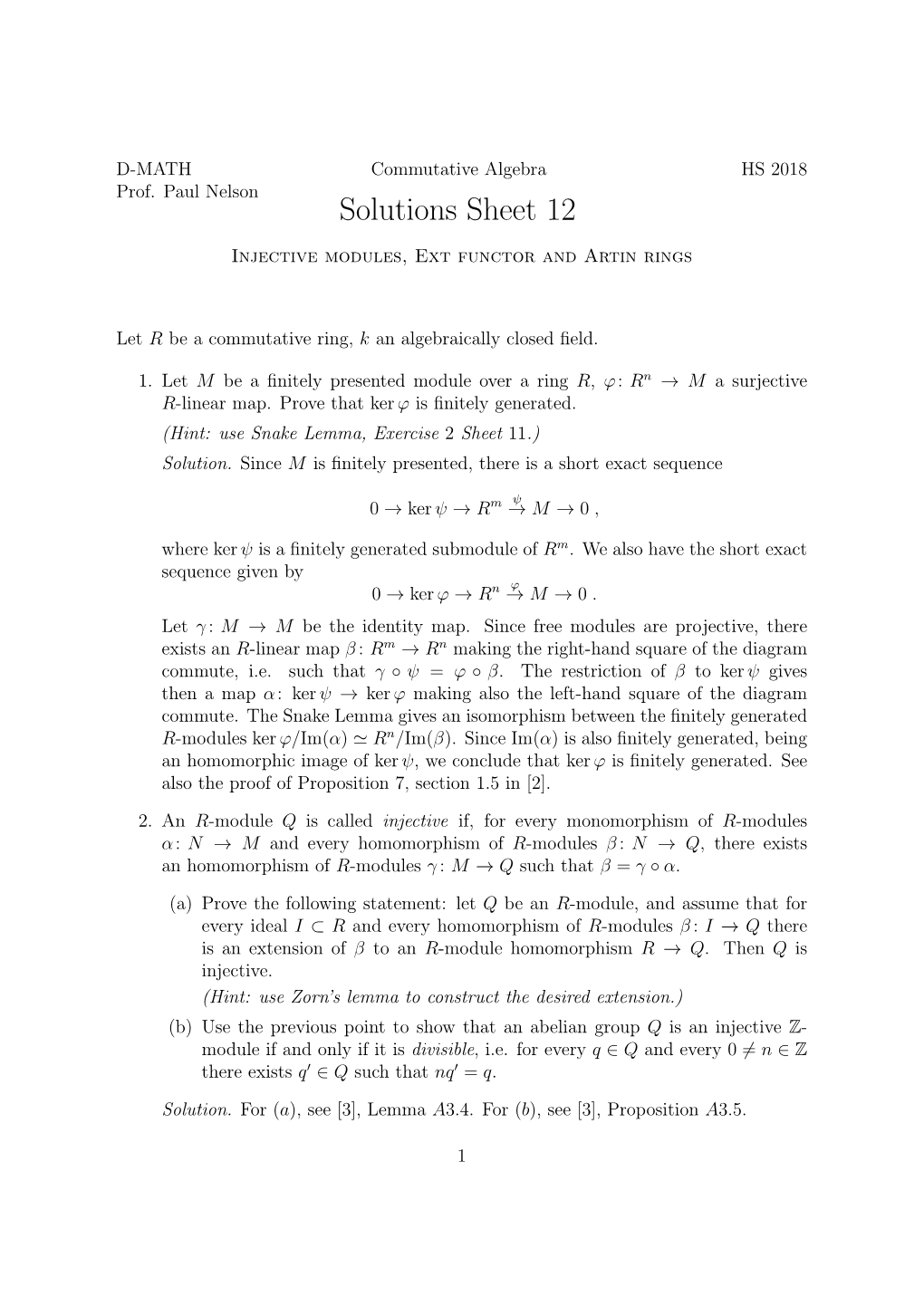 Solutions Sheet 12 Injective Modules, Ext Functor and Artin Rings