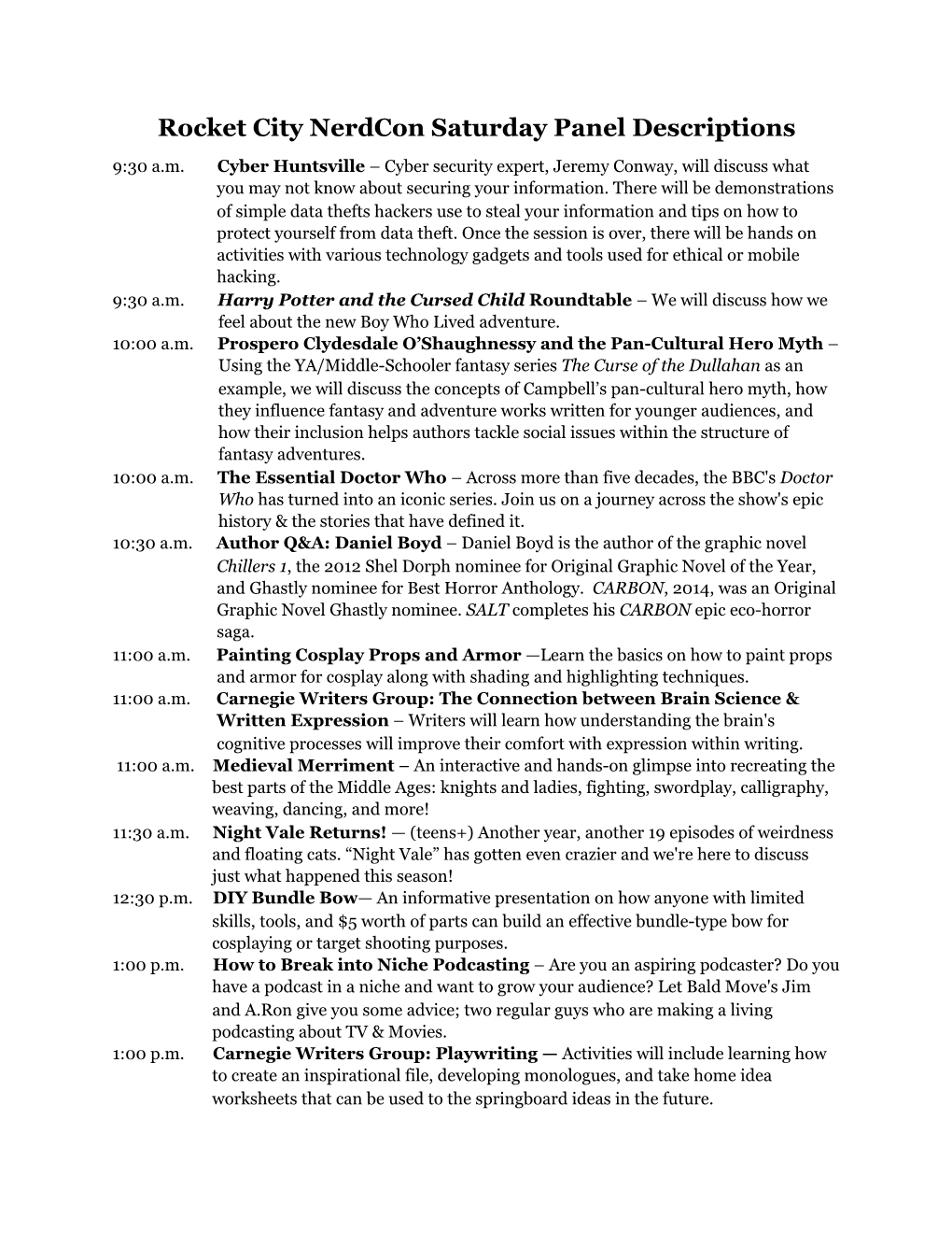 Rocket City Nerdcon Panel Descriptions