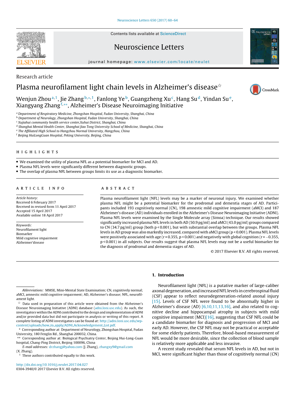 Plasma Neurofilament Light Chain Levels in Alzheimer's Disease