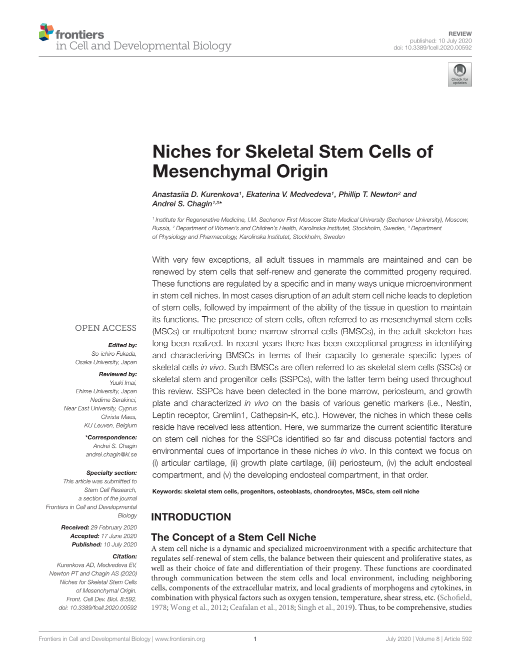 Niches for Skeletal Stem Cells of Mesenchymal Origin