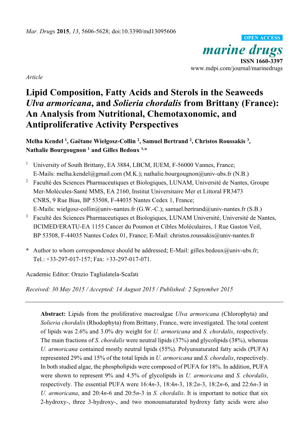 Lipid Composition, Fatty Acids and Sterols in the Seaweeds Ulva