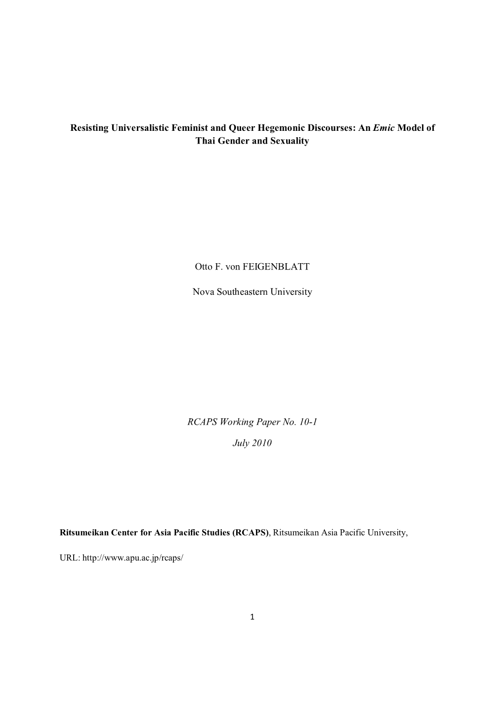 An Emic Model of Thai Gender and Sexuality Otto F. Von FEIGENB