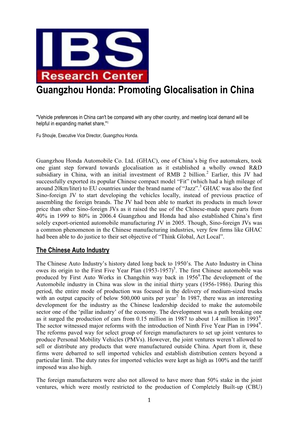 Guangzhou Honda: Promoting Glocalisation in China