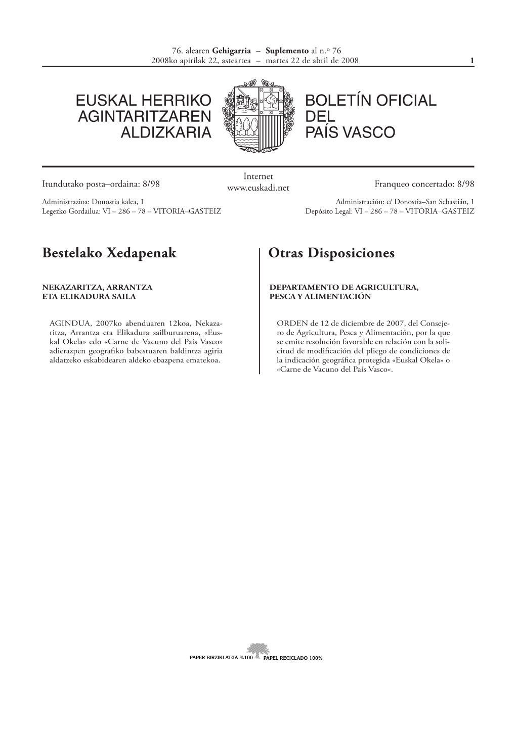 Euskal Herriko Agintaritzaren Aldizkaria Boletín Oficial Del País Vasco