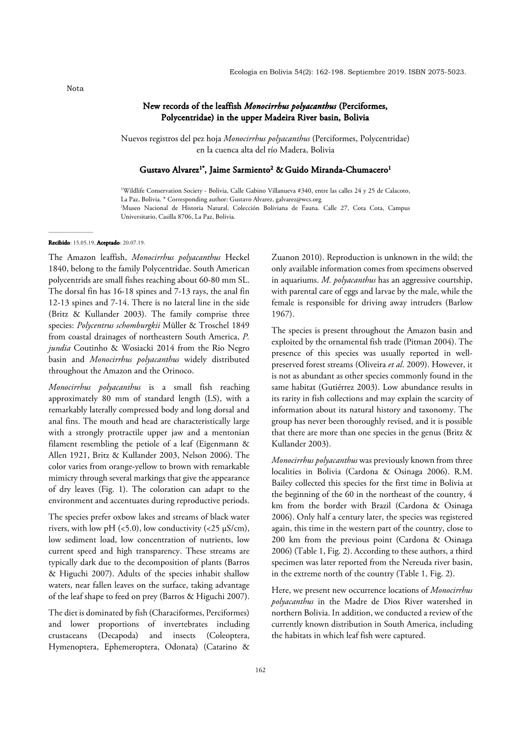 New Records of the Leaffish Monocirrhus Polyacanthus (Perciformes, Polycentridae) in the Upper Madeira River Basin, Bolivia