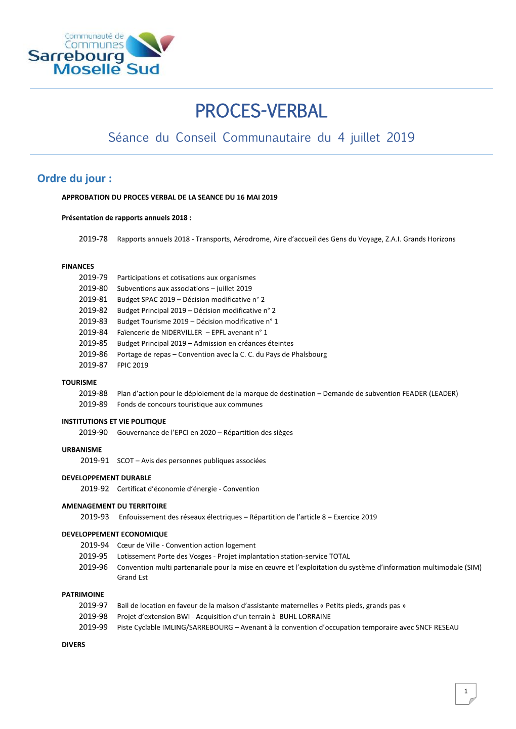 PROCES-VERBAL Séance Du Conseil Communautaire Du 4 Juillet 2019
