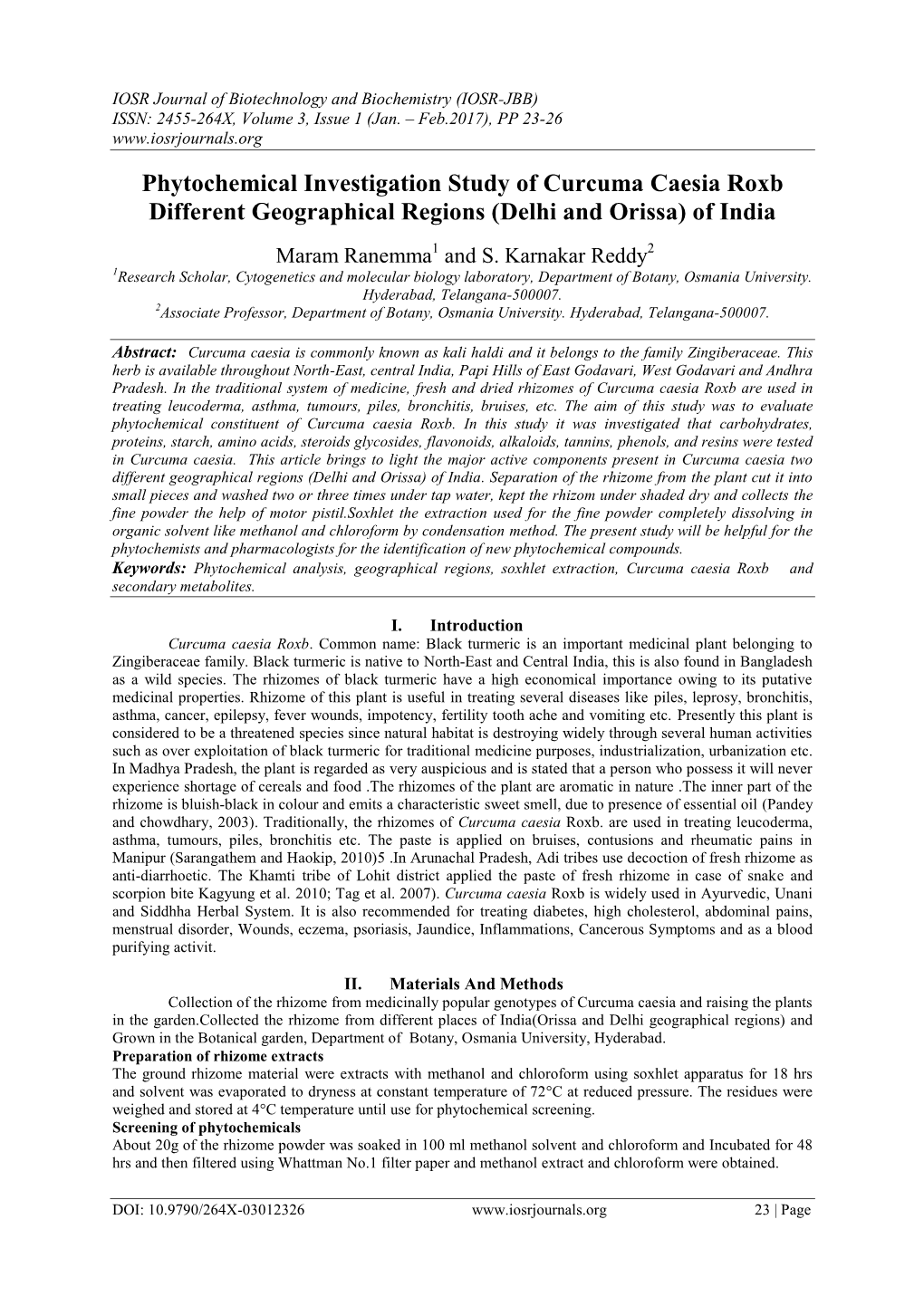 Phytochemical Investigation Study of Curcuma Caesia Roxb Different Geographical Regions (Delhi and Orissa) of India