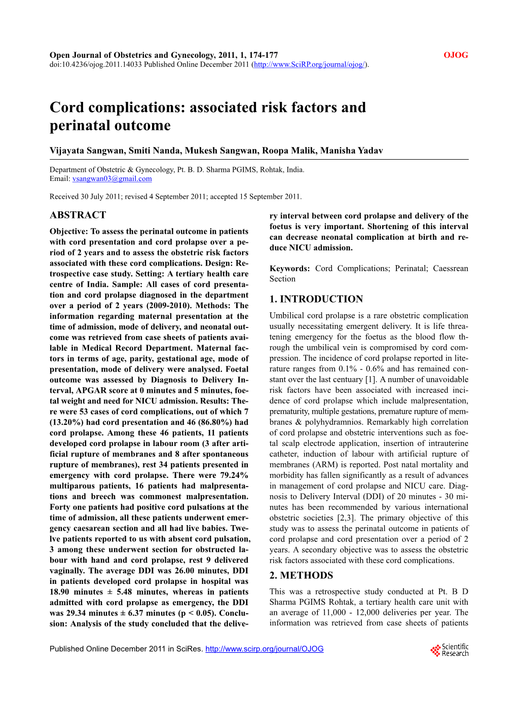 Cord Complications: Associated Risk Factors and Perinatal Outcome