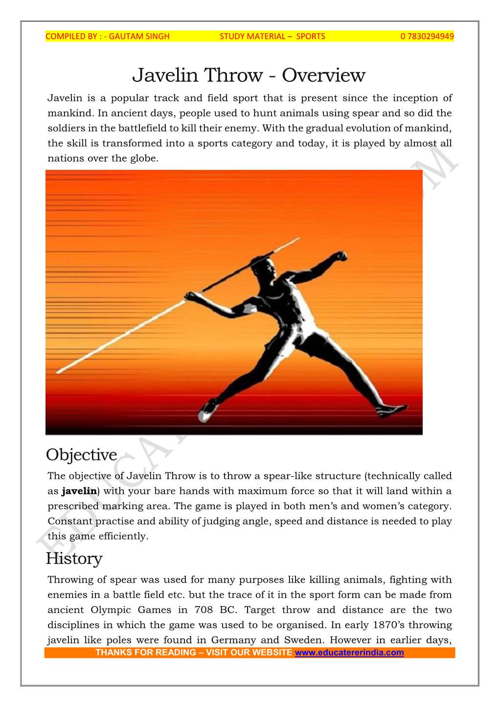 Javelin Throw - Overview Javelin Is a Popular Track and Field Sport That Is Present Since the Inception of Mankind